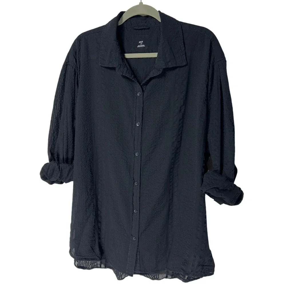 Aerie Seersucker Cover Up Shirt Sheer Black Textured‎ Stripe Oversized Large
